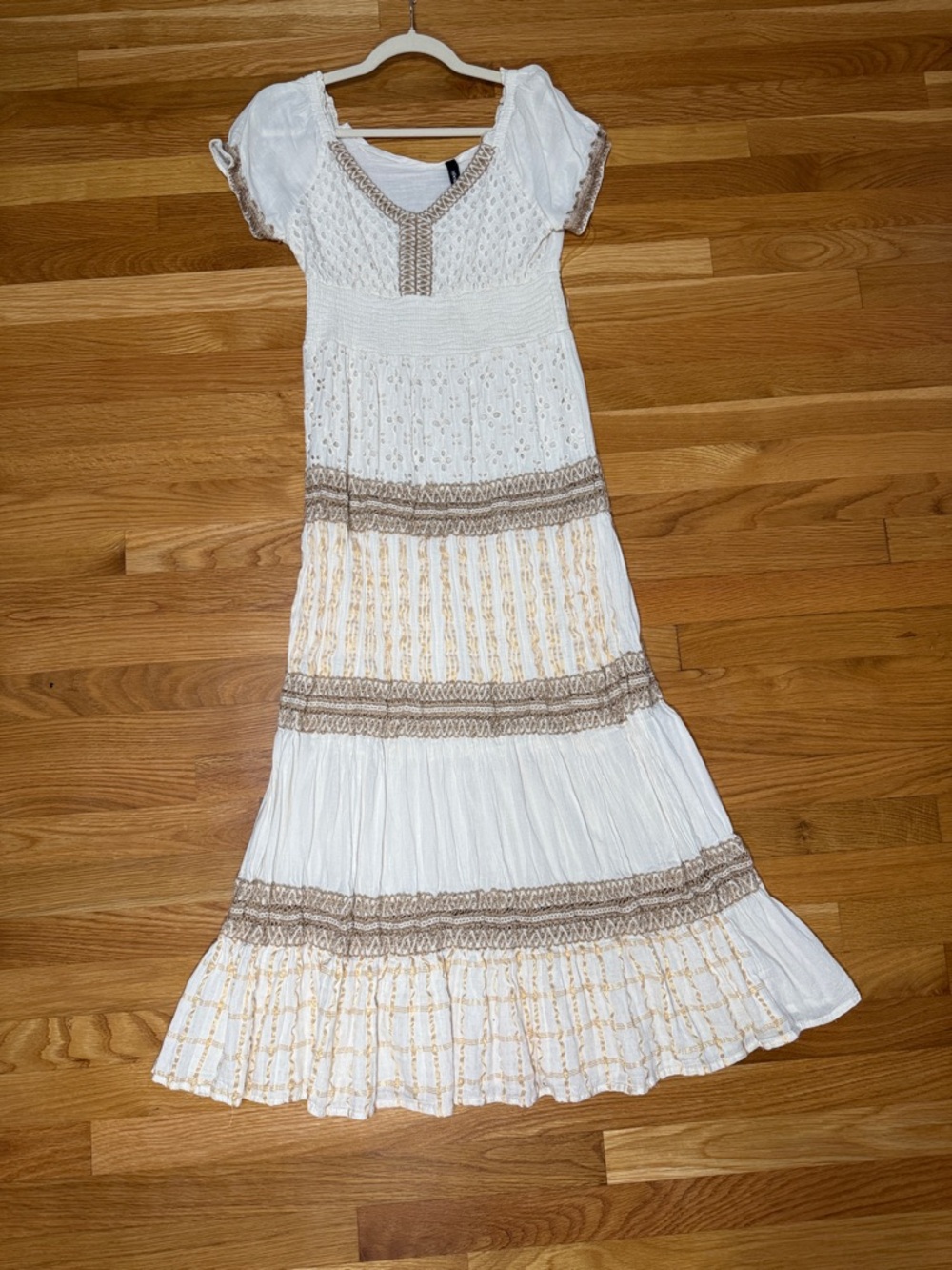 Bohemian White Maxi Dress with Brown Trim and Gold Thread Accents
